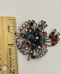 Quill 12K GF Gold-Filled Pink & Blue Floral Rhinestone Brooch Pin Vintage 1950s