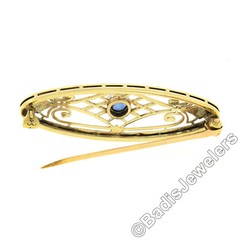Antique Edwardian Krementz 14k Gold Montana Sapphire Open Filigree Oval Brooch