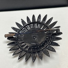 FRANCE DESIGNER SIGNED VINTAGE BLACK RHINESTONE FLOWER PIN BROOCH TROMBONE CLASP