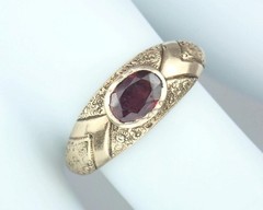Pretty Antique Victorian Solid 9K Gold Garnet Floral Scroll Band Ring Size 5.25