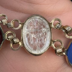 Vintage Double‑Strand Scarab Bracelet Gold Tone Carved Stones Safety Chain 7in