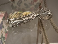 Vintage Scroll Design Silver Tone Faux Abalone Teardrop Pendant 1 3/4”