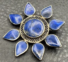 VTG Lapis Lazuli Silver Tone Flower Brooch Pin Nepal Sun Celestial Boho Ethnic