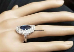Mid-Century Marquise Shape Blue 2.00CT Sapphire & Old Cut 1.16CT CZ Vintage Ring