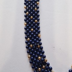 Navy Blue & Gold Beaded Bib Necklace Woven Statement Collar V-Shape Vintage