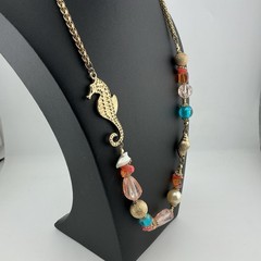 Vtg 1980s Necklace Coastal Style GoldT Seahorse Seashell Mixed Beads 1.5 Oz 22”L