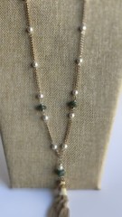 Vintage Park Lane Tassel Necklace With Faux Pearl & Jade Gold Tone Chain L198