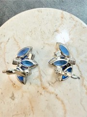 Vintage Blue Marquise Cluster Clip-On Earrings Silver Aura Borealis Climbers MCM