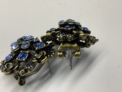 LaVintage Bronze Tone Blue Green Rhinestone Flower Cluster Pierced Earrings