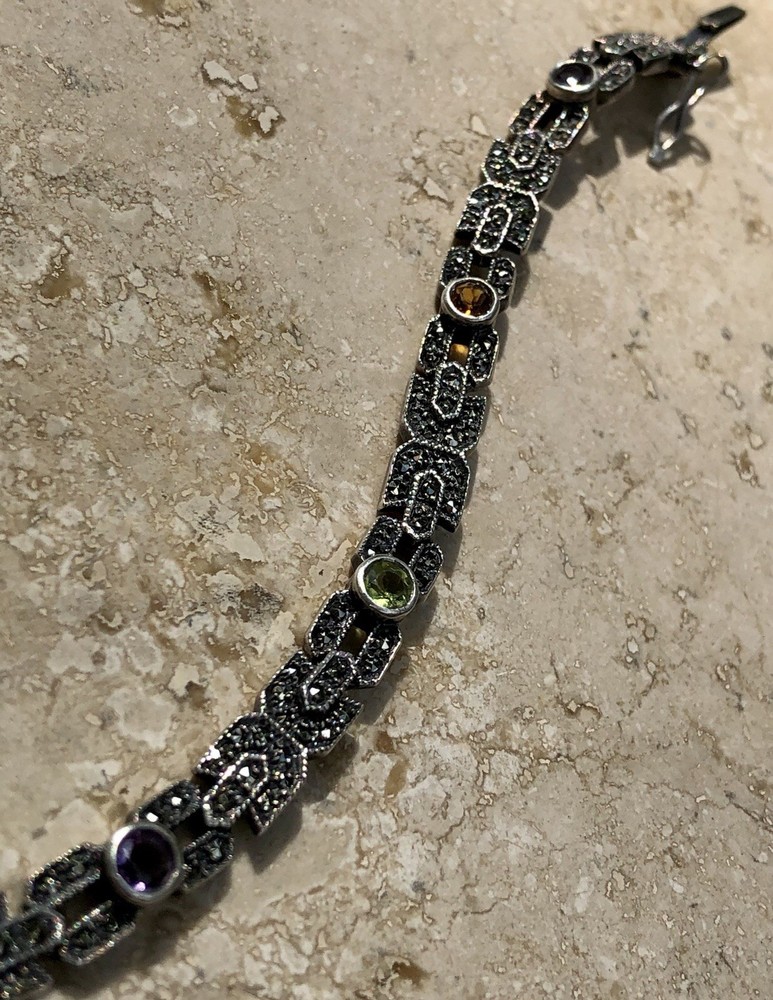 🌝✨STACKABLE Vintage STERLING SILVER MULTI Color GEMSTONE 💎 MARCASITE Bracelet✨
