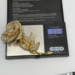 JOSE MARIA BARRERA Rose Huge Brooch Rhinestone Gold Tone Flower Vintage Pin 4.5″
