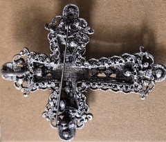 Gothic Cross Brooch Pin Amber Rhinestones Black Silver Tone Filigree 3″