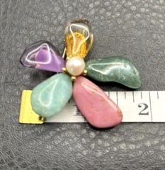 Vintage Flower Brooch Semi Precious Stone Nugget Faux Pearl Gold Tone
