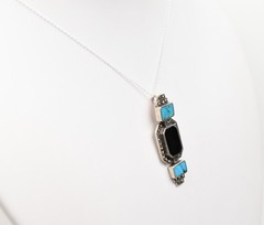Sterling Silver Art Deco Turquoise Onyx Marcasite Pendant Necklace 18in 6.2g