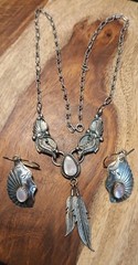 NAVAJO STERLING SILVER MOTHER OF PEARL FEATHER NECKLACE & EARRINGS 20.6 Grams