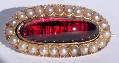 Pretty Antique Victorian 10K Gold Foiled Garnet Cabochon Pearl Pendant Pin 1886