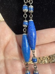 Antique Art Deco Czech Blue Mottled Glass Sautoir Necklace Flapper Lariat c1920s
