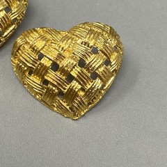 Heart Earrings Gold Tone Textured Woven Stud Dangle Drop Pierced Open Work NOS