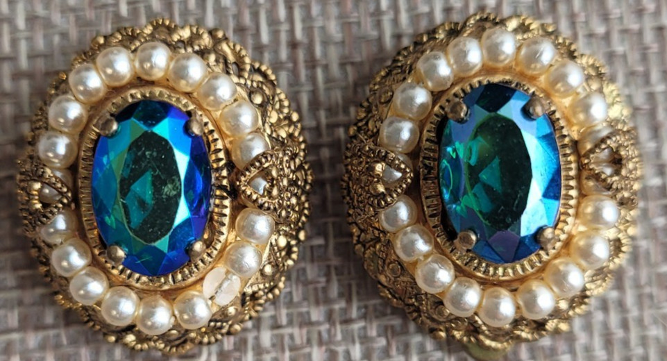West German Filigree Blue AB Rhinestone Faux Pearl Clip On Earrings READ