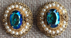 West German Filigree Blue AB Rhinestone Faux Pearl Clip On Earrings READ