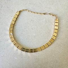 Vtg 80s Enamel Square Tile Choker Necklace Gold Tone Magenta Purple Cream Retro