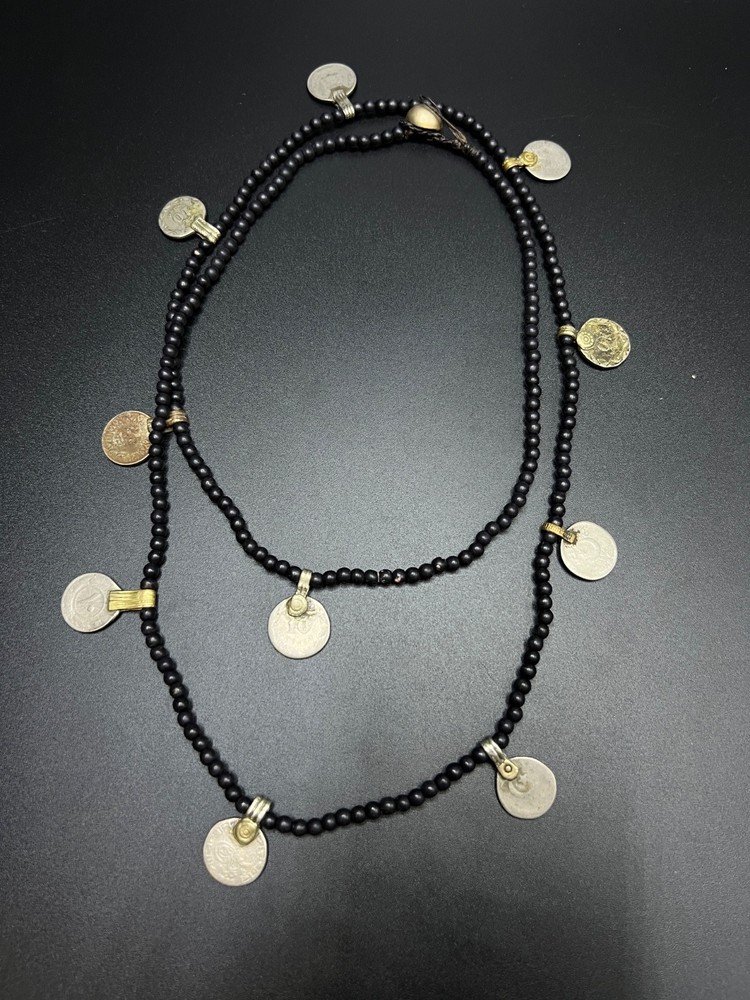 Vintage Black Beaded Coin Necklace, Tribal Boho Necklace, Ethnic Coin Charm
