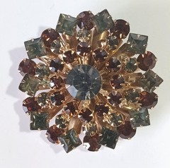 Vintage Gold-tone Layered Brooch w/ Smoky Topaz- & Gray-Green Colored Rhinestone