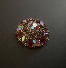 Juliana 1950s Red Rhinestone Marquise Cut Brooch with Faux Iridescent Stones