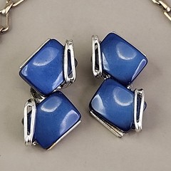 Vintage Thermoset Necklace Clip On Earrings Set Blue Silver Tone 15″