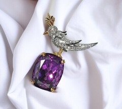 Cushion Cut Lab Amethyst Bird On A Rock Brooch 925 Fine Silver Luxurious Jewelry