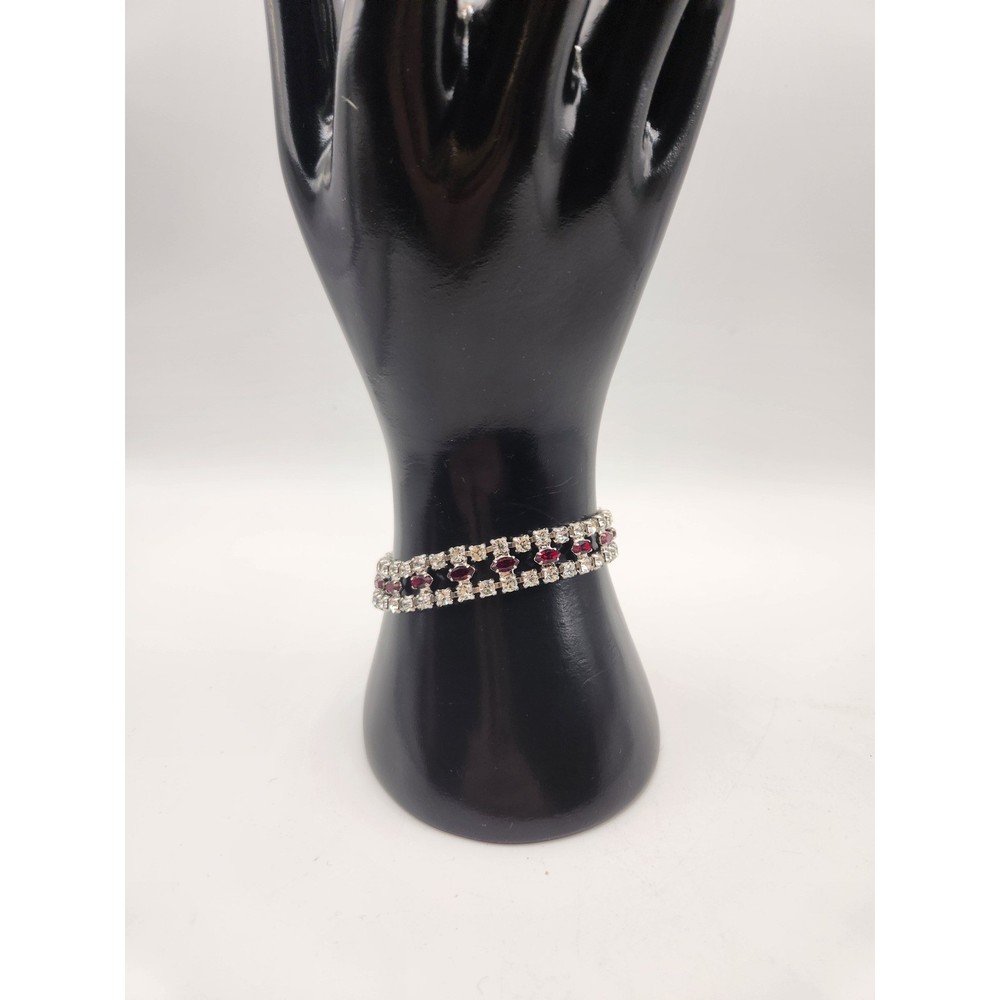 Vintage B David Ruby Red Clear Rhinestone Triple Strand Bracelet Silver Tone 7in