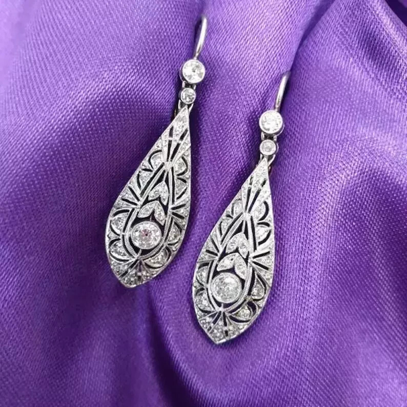 Women Art Deco Drop Dangle Earrings 14K White Gold Over 2.4 Ct Simulated Diamond