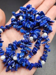 Genuine Pearl and Lapis Lazuli Chip Bead Knotted No Clasp Necklace
