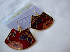 VINTAGE SAMUEL HUANG CLOISONNE BUTTERFLY FLORAL FAN PINK PURPLE & RED EARRINGS
