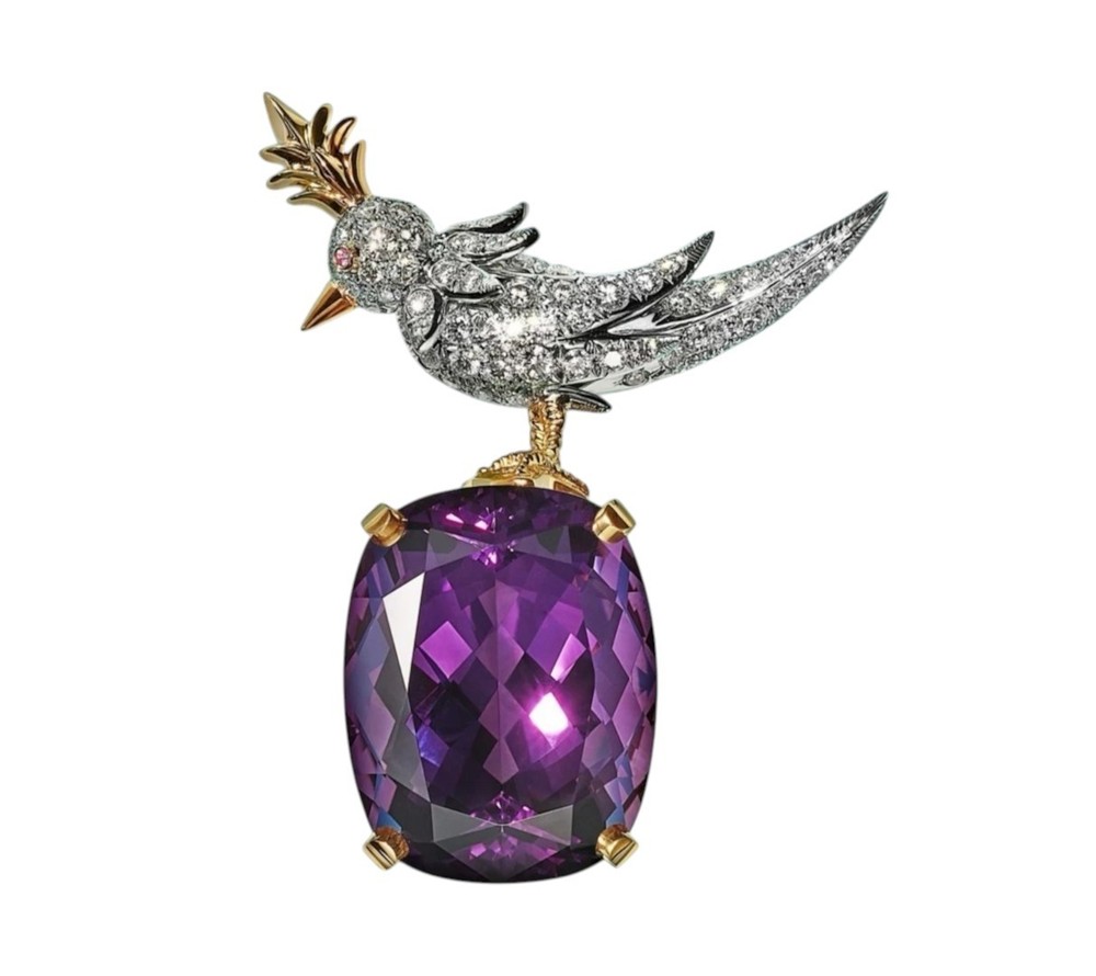 Cushion Cut Lab Amethyst Bird On A Rock Brooch 925 Fine Silver Luxurious Jewelry