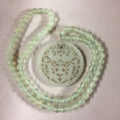 Vintage Green Prehnite Carved Pendant Beaded Necklace 20”