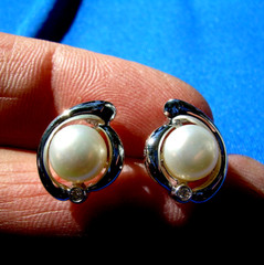 Original Elegant Pearl DIAMOND European Earrings Deco Design Syle Studs 14K GOLD