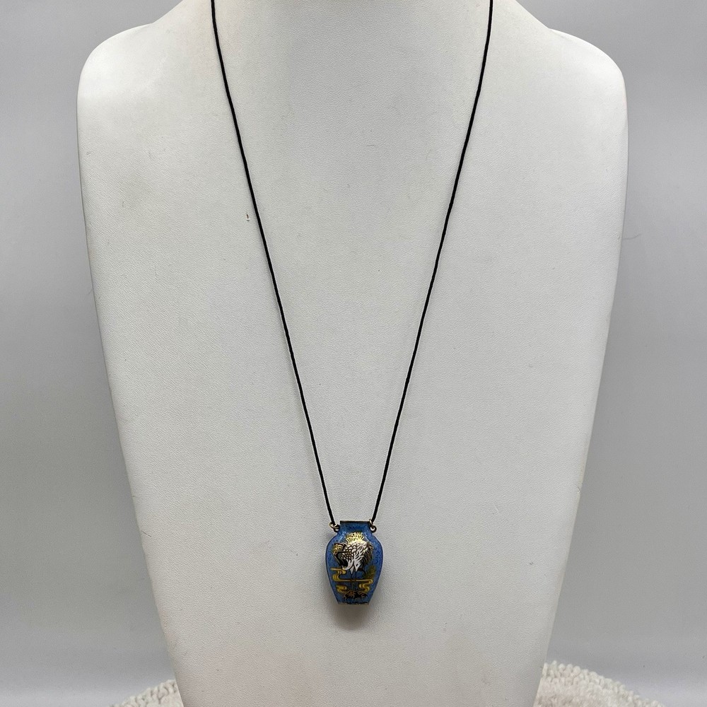 Vintage Cloisonne Urn Necklace Blue Crane Bird Enamel Pendant Chinese Export 26″