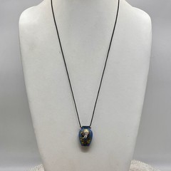 Vintage Cloisonne Urn Necklace Blue Crane Bird Enamel Pendant Chinese Export 26″