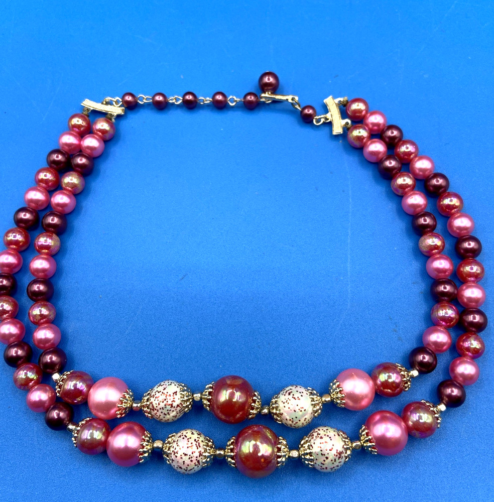 NECKLACE vintage 1950s 1960s Pink Purple BEADS 2 strands glitter small 14-16″
