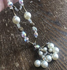Vintage Gold Clear Ab Crystal Faux Pearl Filigree Brass Tassel Drop Necklace