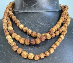 Antique Asian Hand Carved Lotus Bead Necklace Triple Tiered Dyed Bovine Bone