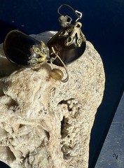 Vintage Eggplant Glass French Jet Style Dangle-Drop Earrings w Ornate Metal Caps