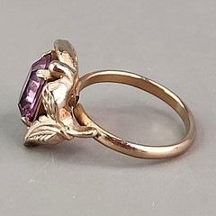 Rhinestone Ring Pink Glass Adjustable Gold Tone Leaves 6.5