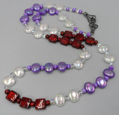 33″ Long Beaded Necklace Square Art Glass Oval Acrylic Beads Fancy Hook Clasp