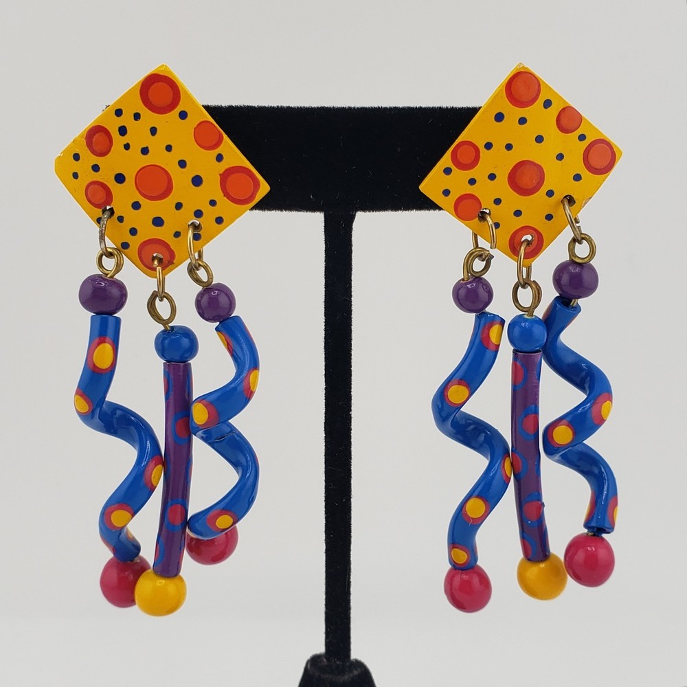 VTG 80s Earrings Memphis Style Pierced Kinetic Dangle Colorful Polka Dot Artsy