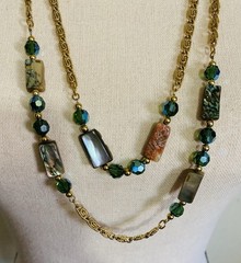 Vintage 80s NAPIER Necklace Abalone Mother Of Pearl & Green Crystals Boho Fairy