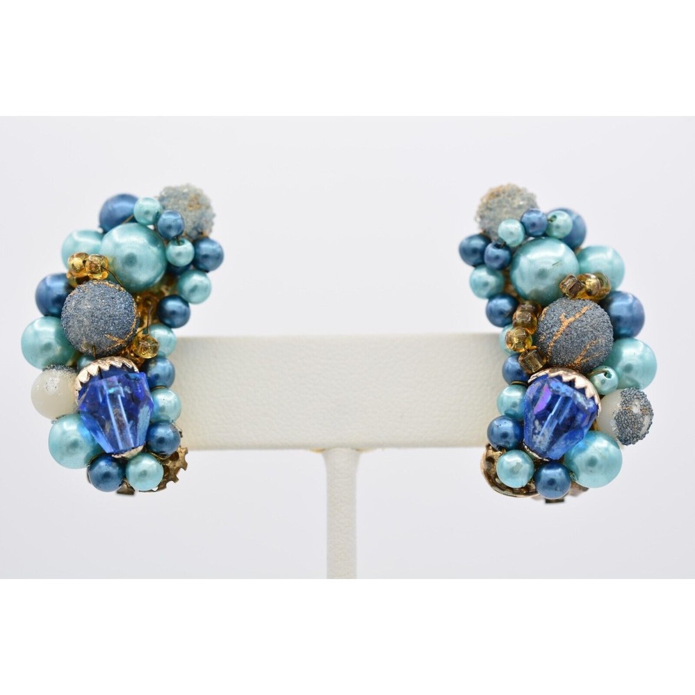 Japan Vintage Beaded Clip On Earrings Blue Crystal Cluster Chunky Signed BinU