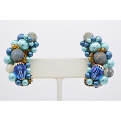 Japan Vintage Beaded Clip On Earrings Blue Crystal Cluster Chunky Signed BinU