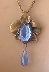 Vintage Necklace Art Nouveau Orchid Pendant Blue Rhinestone Czech Glass Drop